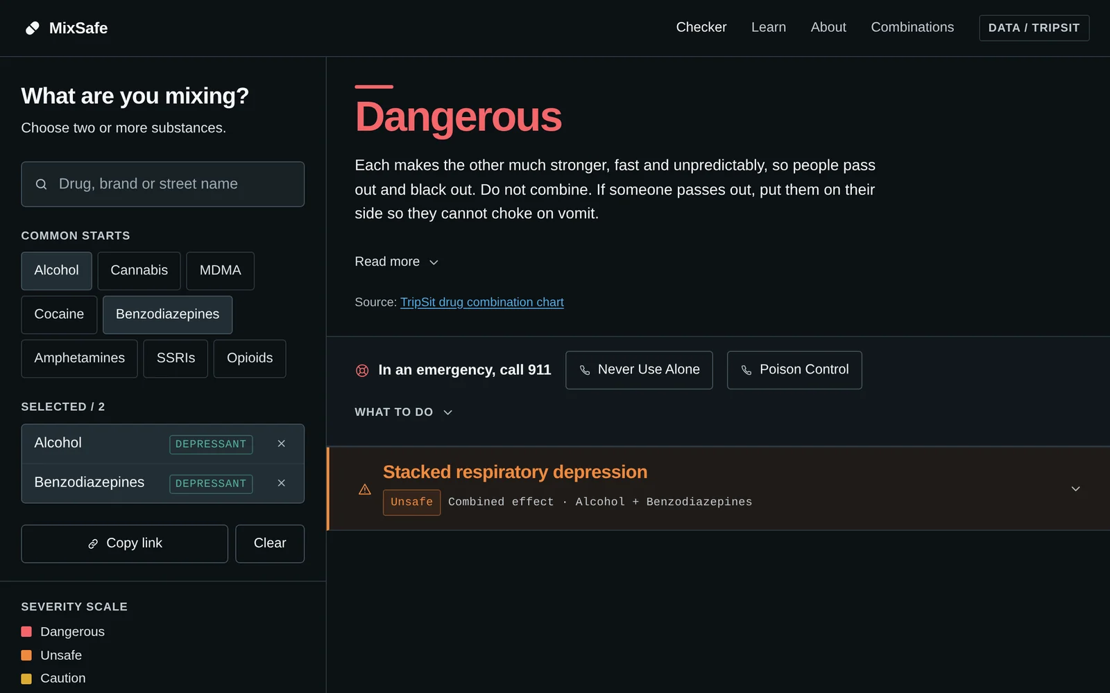 MixSafe showing alcohol plus benzodiazepines rated Dangerous