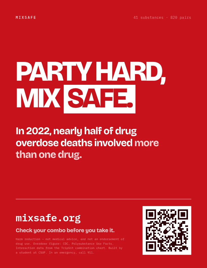 High-contrast red poster reading Party hard, Mix safe