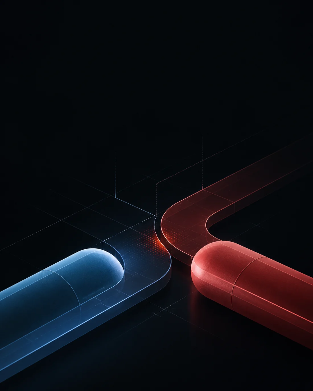 Key visual: a blue capsule and a red capsule curving toward a single crossing point on a dark ground