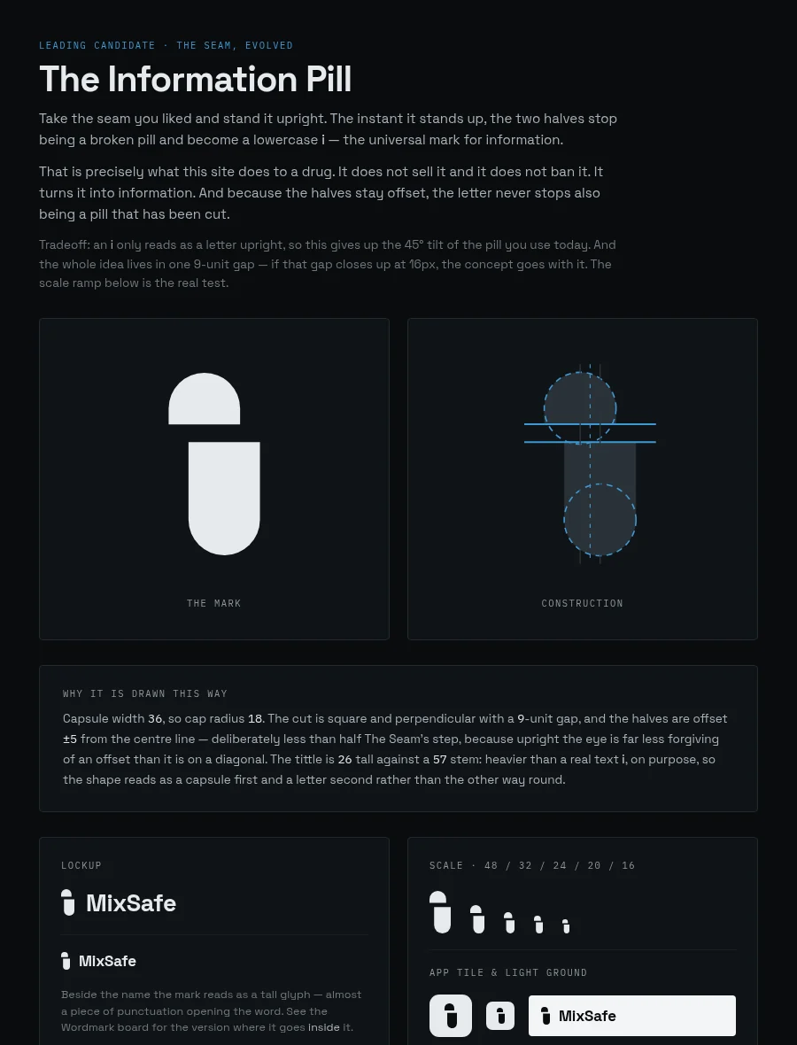 Design board presenting the Information Pill logo concept with construction notes